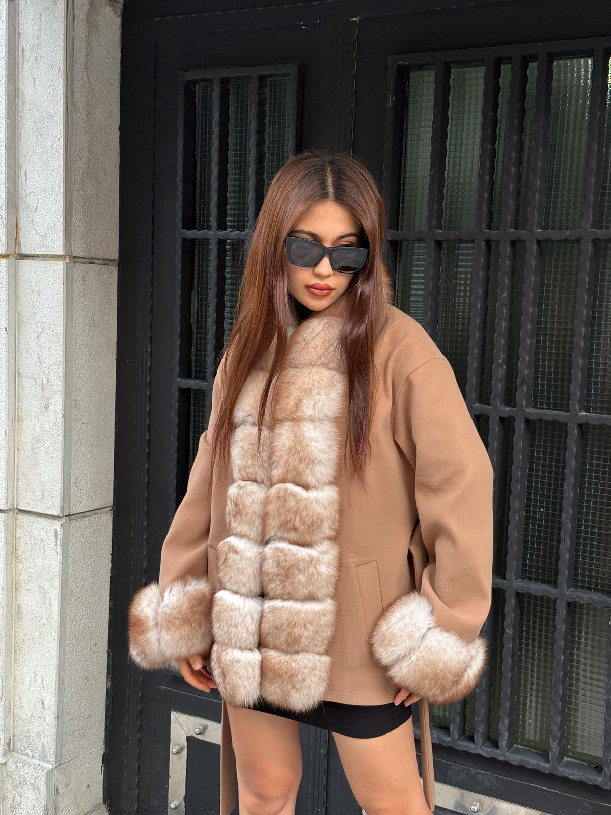 Camel Short Cashmere Blend Jacket | Front & Cuffs Fox Fur Jacket
