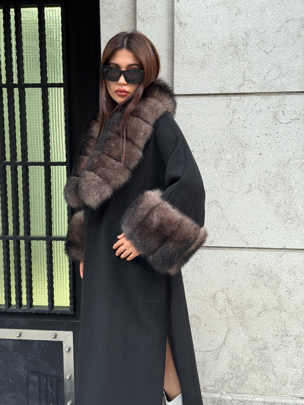 Black Long Cashmere Collar Cuffs Fox Fur Coat, Women Fox Fur Jacket, Sable Brown Fox Fur Coat
