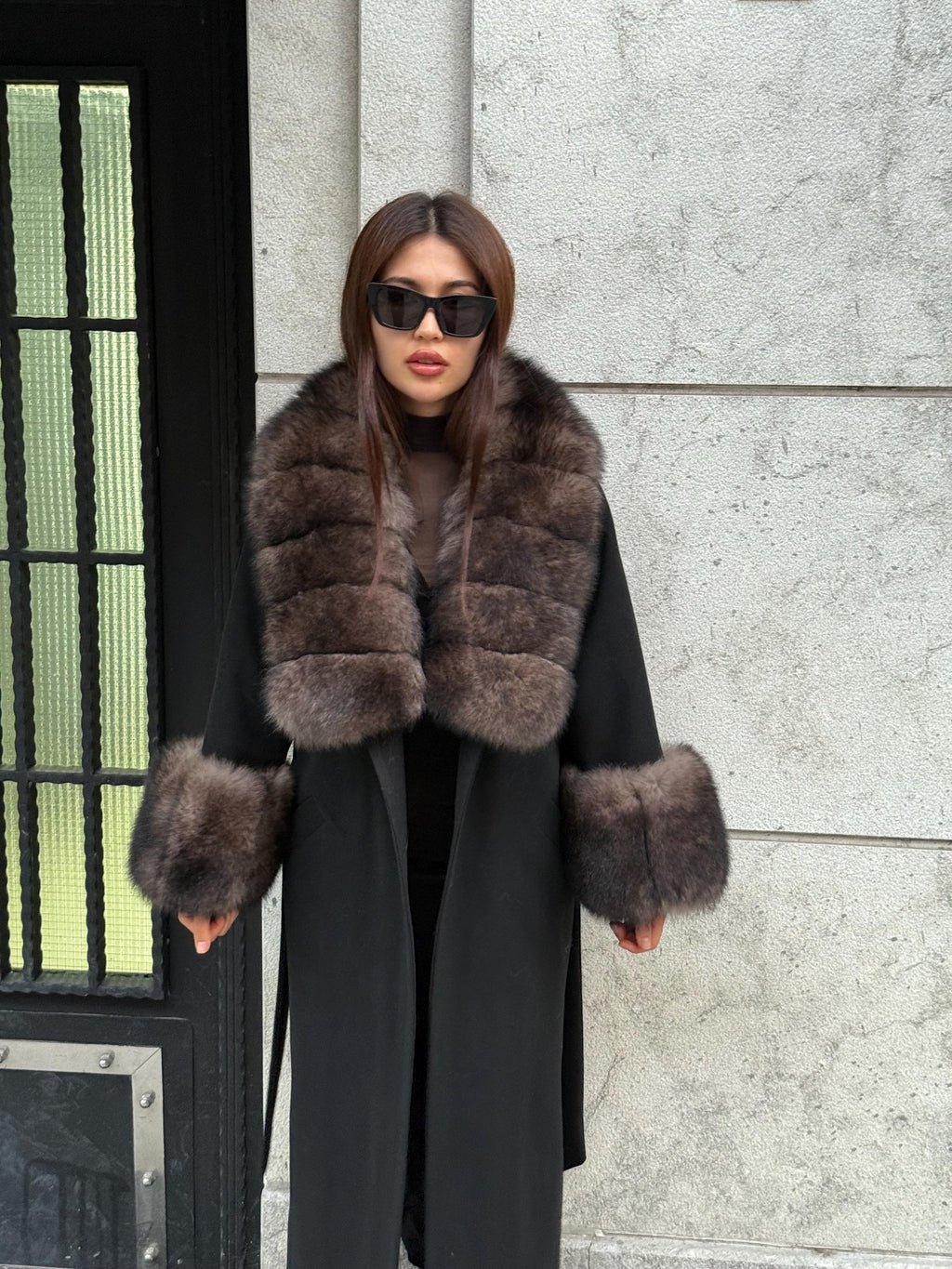 Black Long Cashmere Collar Cuffs Fox Fur Coat, Women Fox Fur Jacket, Sable Brown Fox Fur Coat