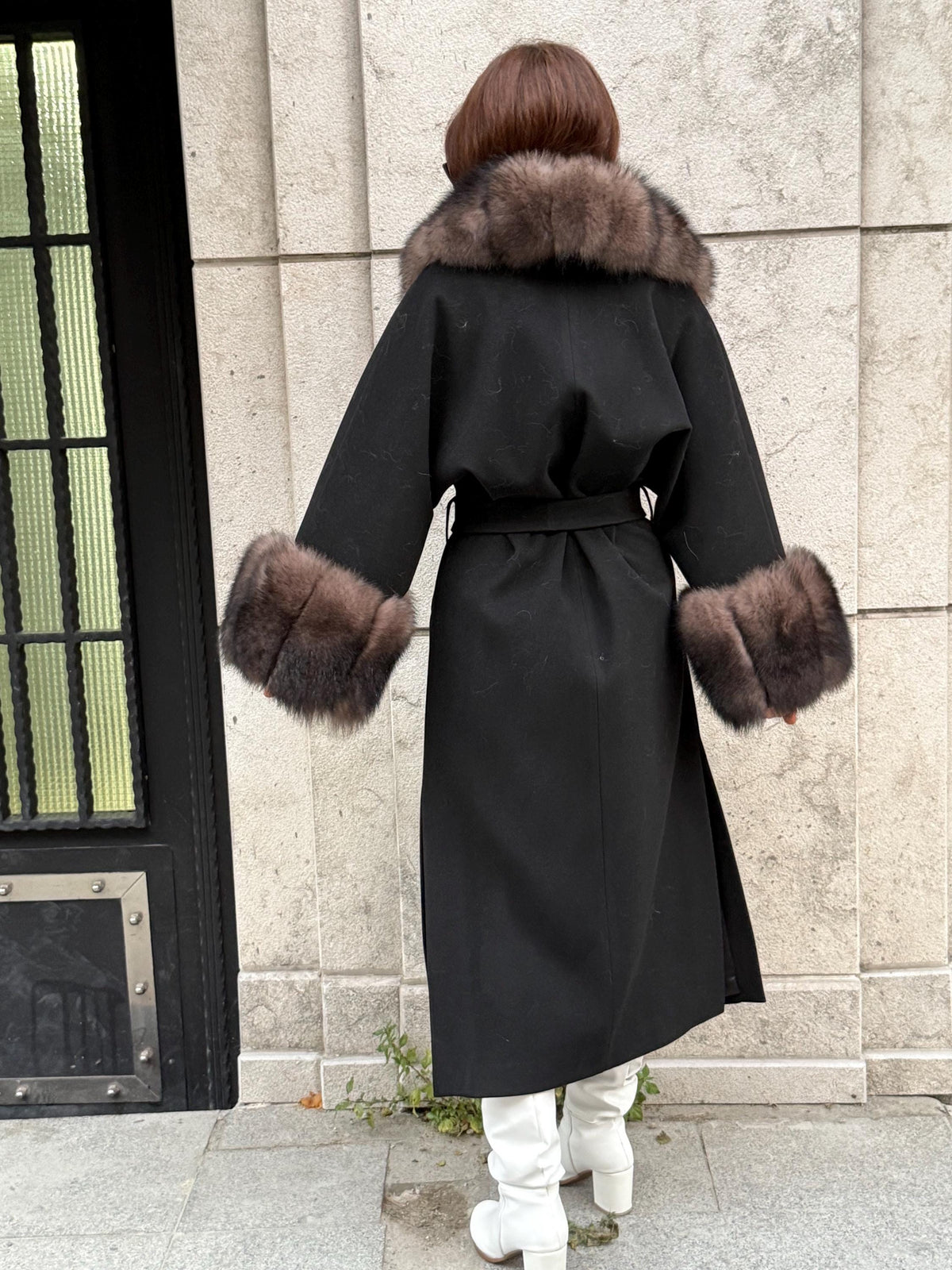 Black Long Cashmere Collar Cuffs Fox Fur Coat, Women Fox Fur Jacket, Sable Brown Fox Fur Coat
