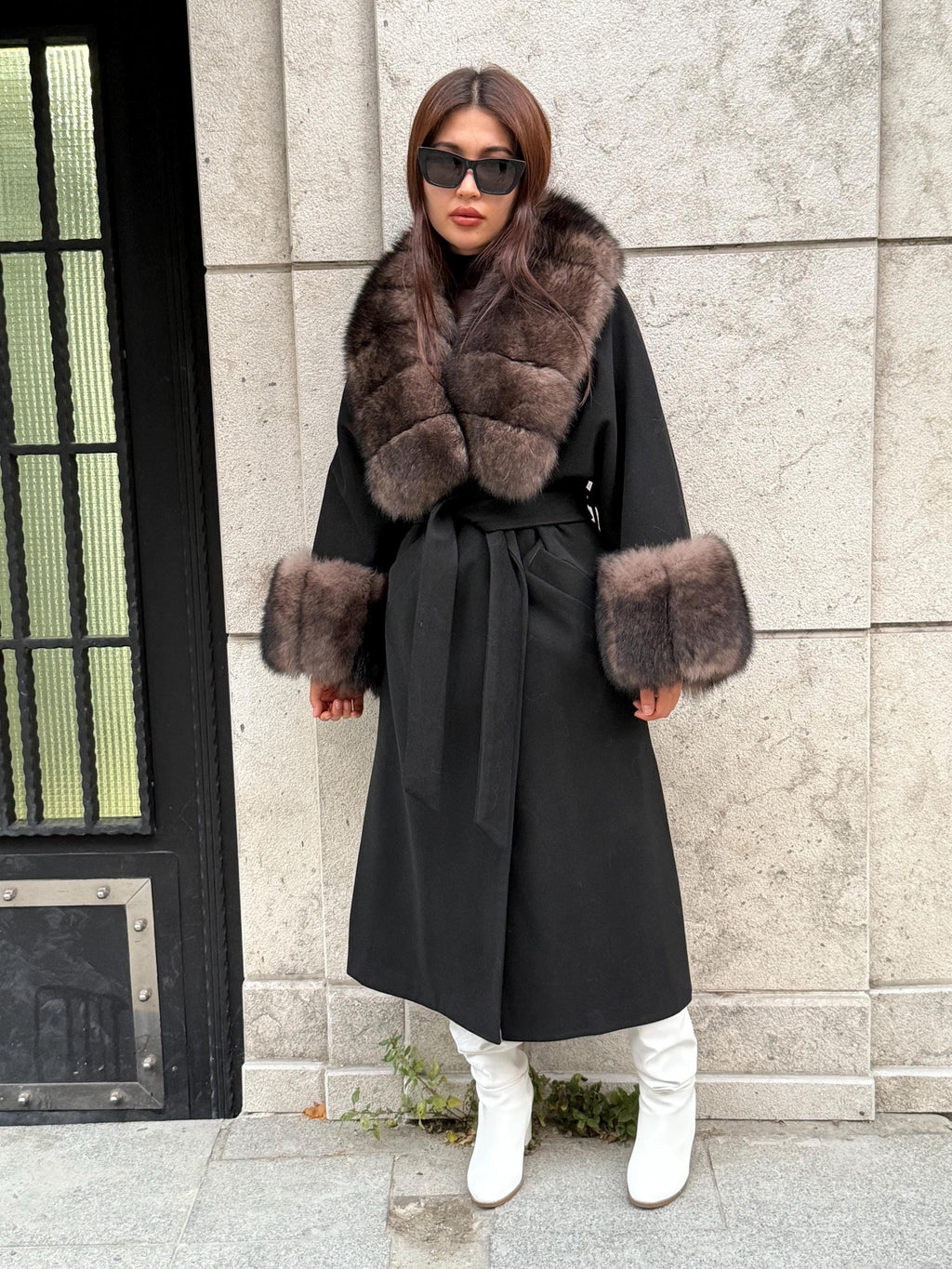 Black Long Cashmere Collar Cuffs Fox Fur Coat, Women Fox Fur Jacket, Sable Brown Fox Fur Coat