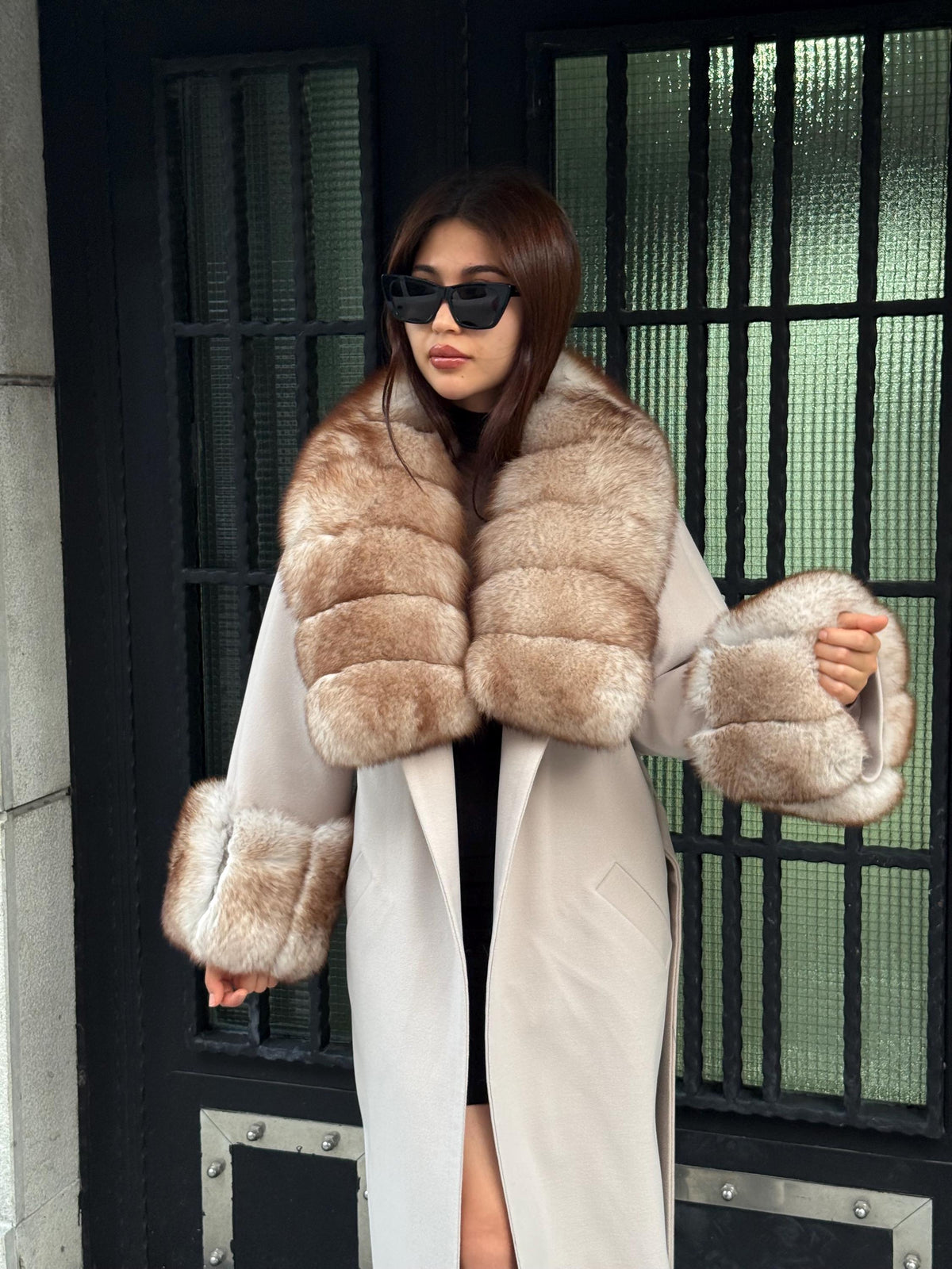 Beige Long Cashmere Wool Blend Coat . Womens Collar & Cuffs - Huge Fox Fur Jacket