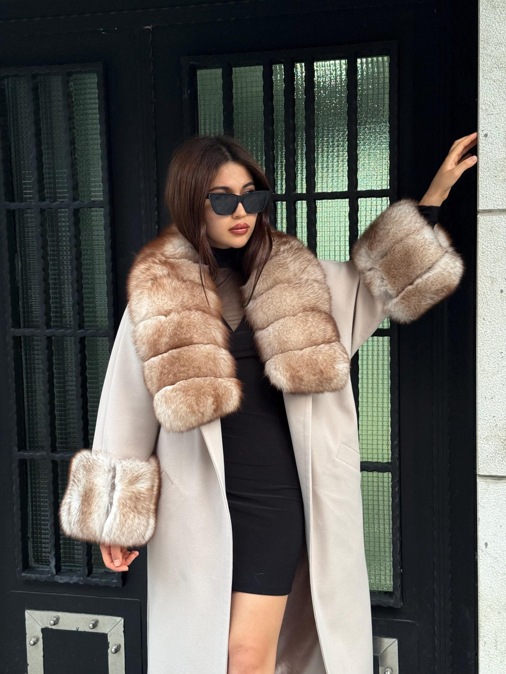 Beige Long Cashmere Wool Blend Coat . Womens Collar & Cuffs - Huge Fox Fur Jacket