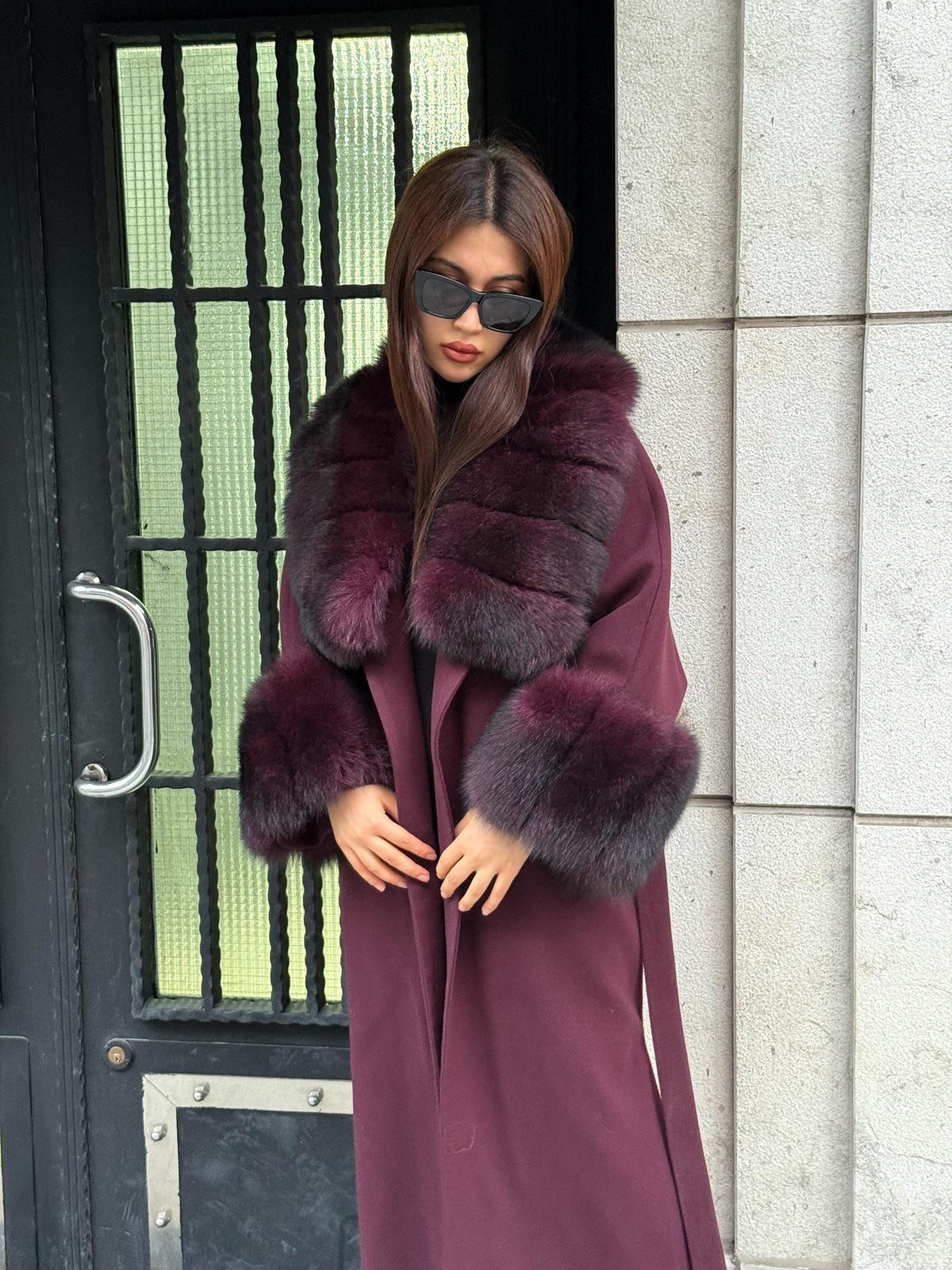 Burgundy Cashmere Collar&Cuffs Huge Fox Fur Jacket. - Women Fox Fur Jacket - Premium Brugundy Fox Fur Jacket