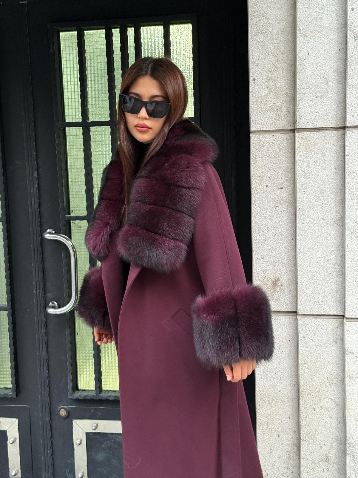 Burgundy Cashmere Collar&Cuffs Huge Fox Fur Jacket. - Women Fox Fur Jacket - Premium Brugundy Fox Fur Jacket