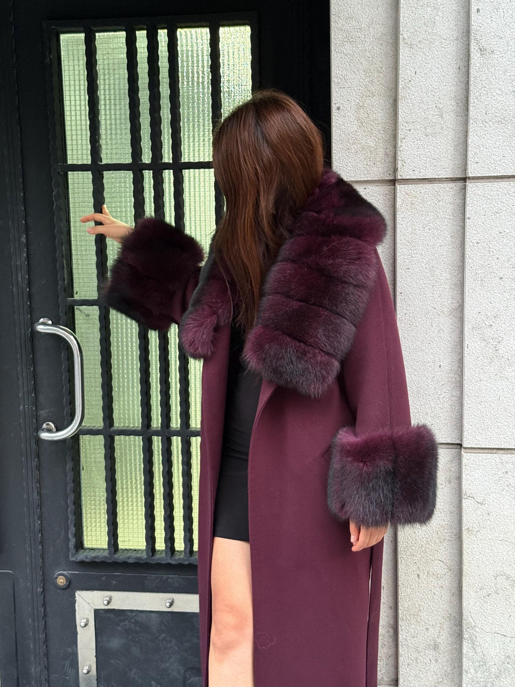Burgundy Cashmere Collar&Cuffs Huge Fox Fur Jacket. - Women Fox Fur Jacket - Premium Brugundy Fox Fur Jacket