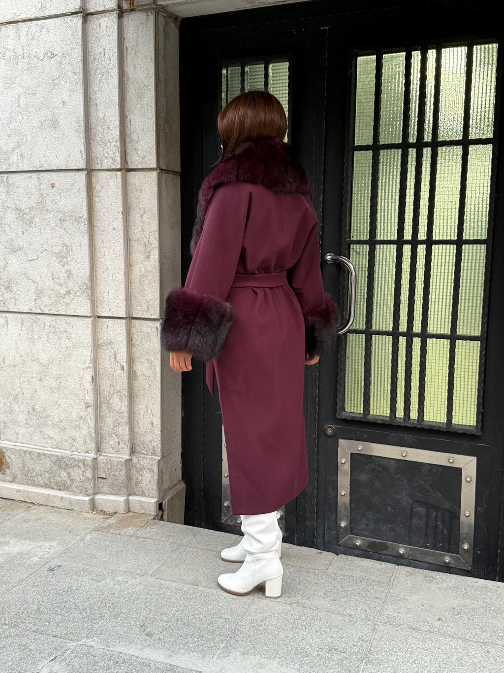 Burgundy Cashmere Collar&Cuffs Huge Fox Fur Jacket. - Women Fox Fur Jacket - Premium Brugundy Fox Fur Jacket