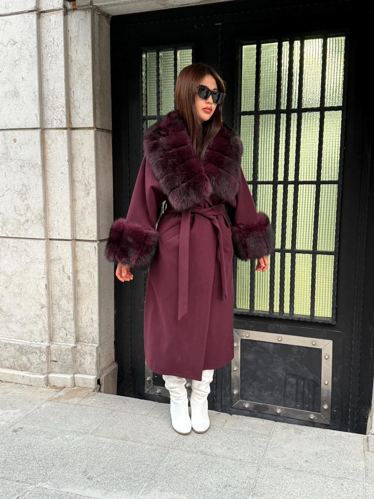Burgundy Cashmere Collar&Cuffs Huge Fox Fur Jacket. - Women Fox Fur Jacket - Premium Brugundy Fox Fur Jacket