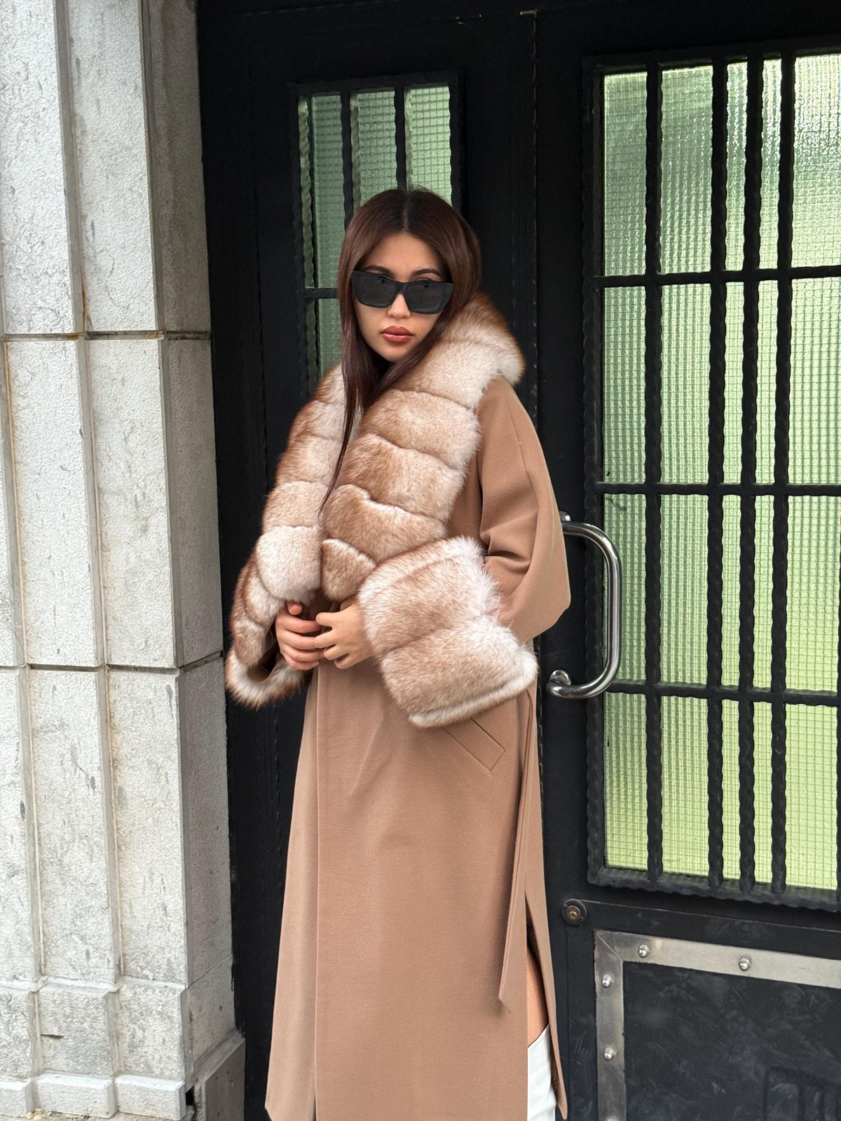 Camel Long Cashmere Collar Cuffs Fox Fur Coat, Women Fox Fur Jacket, Premium Fox Fur Jacket, Collar Huge Fox Fur
