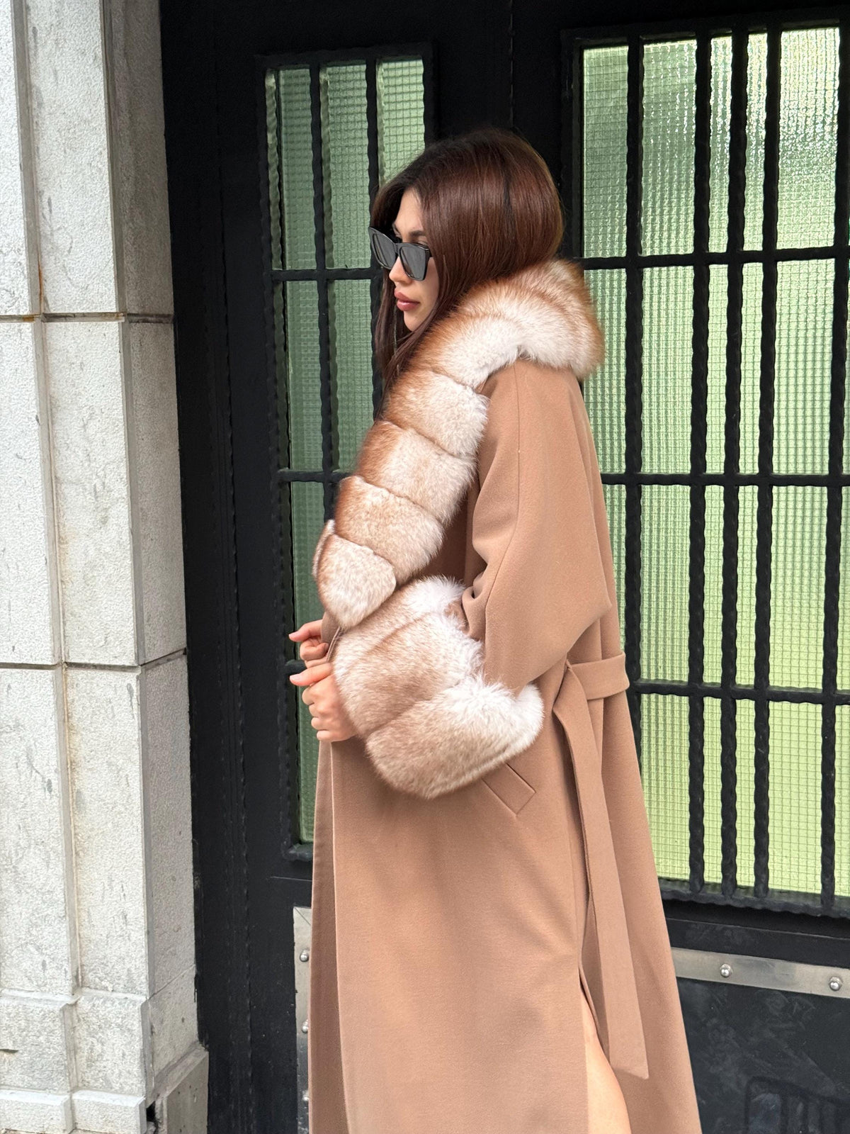 Camel Long Cashmere Collar Cuffs Fox Fur Coat, Women Fox Fur Jacket, Premium Fox Fur Jacket, Collar Huge Fox Fur