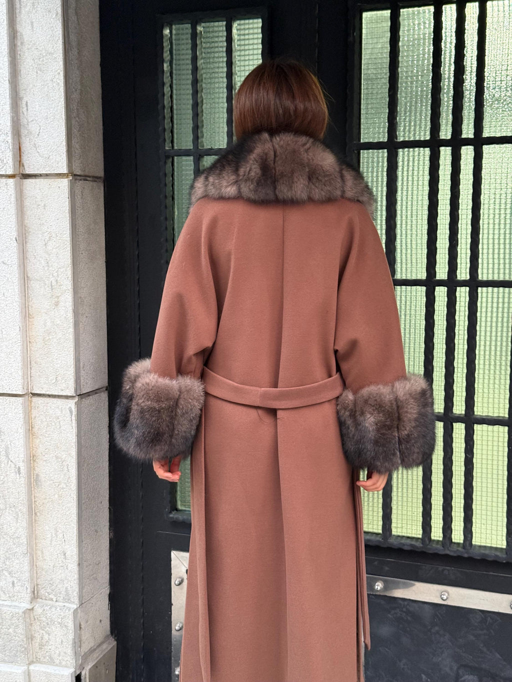 Brown Cashmere Cape Collar Cuffs Fox Fur Jacket, Women Fox Fur Jacket - Sable Brown Fox Fur Jacket