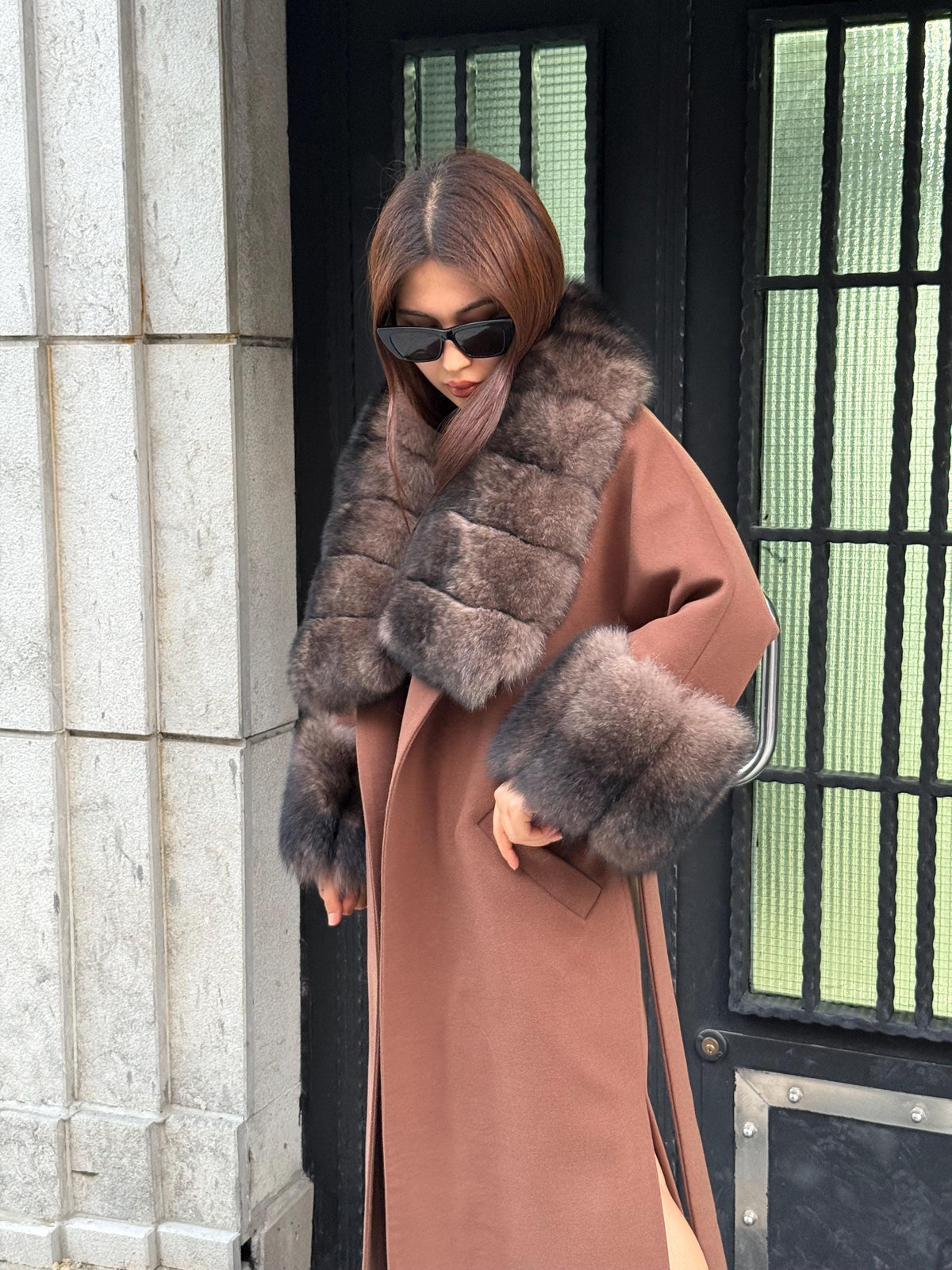 Brown Cashmere Cape Collar Cuffs Fox Fur Jacket, Women Fox Fur Jacket - Sable Brown Fox Fur Jacket