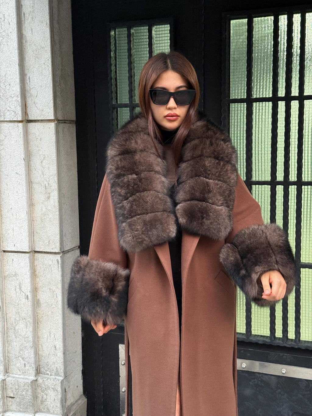 Brown Cashmere Cape Collar Cuffs Fox Fur Jacket, Women Fox Fur Jacket - Sable Brown Fox Fur Jacket