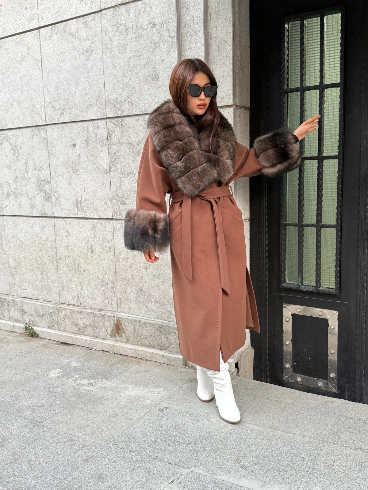 Brown Cashmere Cape Collar Cuffs Fox Fur Jacket, Women Fox Fur Jacket - Sable Brown Fox Fur Jacket