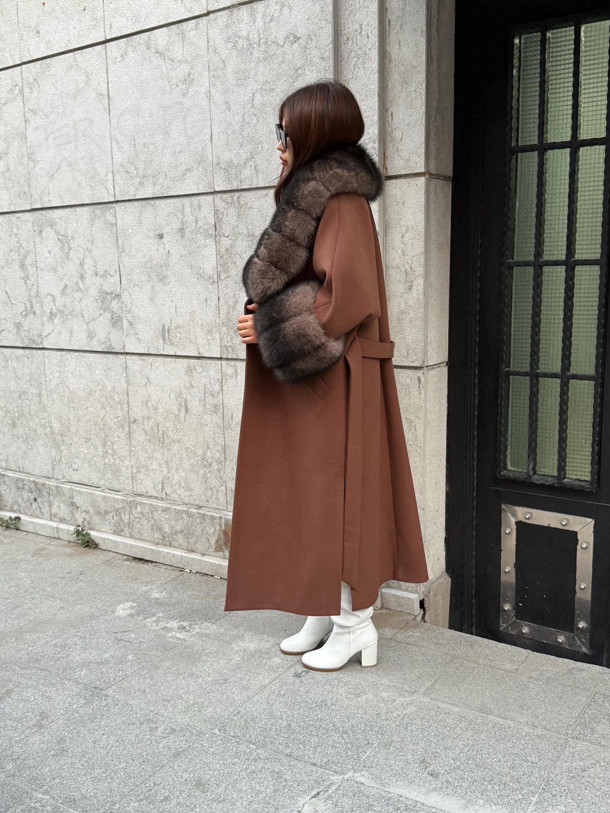 Brown Cashmere Cape Collar Cuffs Fox Fur Jacket, Women Fox Fur Jacket - Sable Brown Fox Fur Jacket