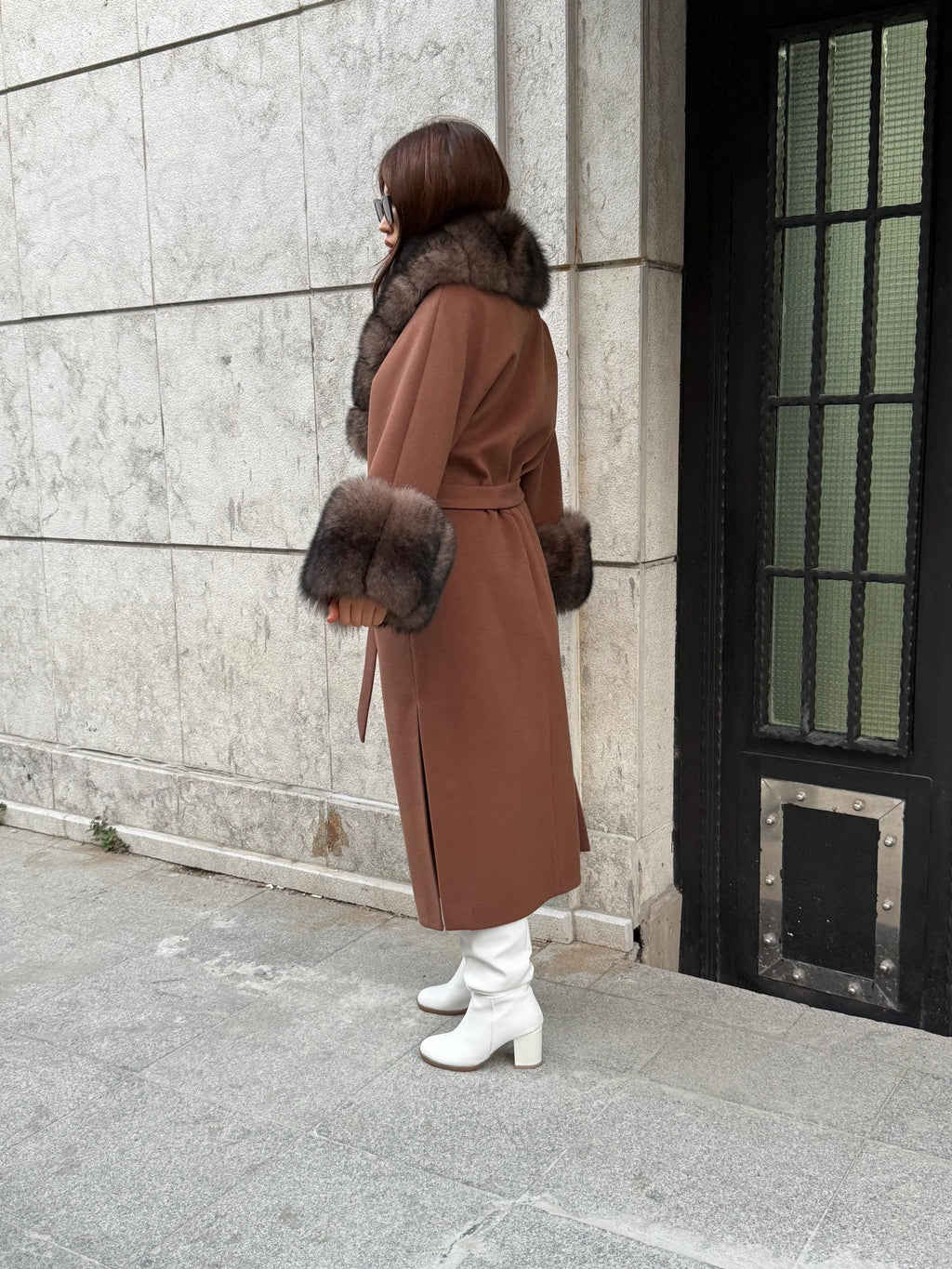 Brown Cashmere Cape Collar Cuffs Fox Fur Jacket, Women Fox Fur Jacket - Sable Brown Fox Fur Jacket