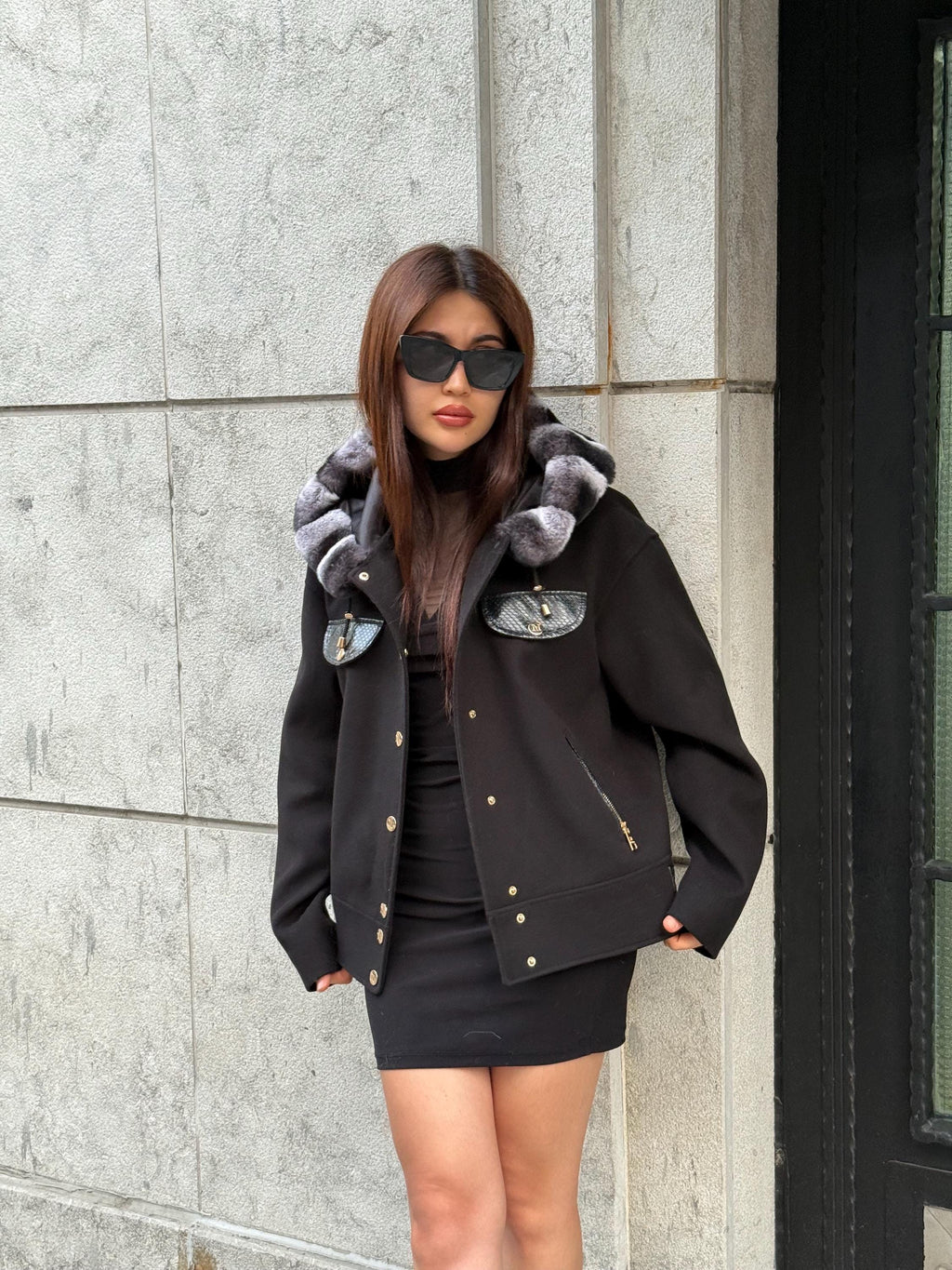 Black Short Cashmere Coat With Rex Fur Trim Hood, Casual Jacket With Python Accents