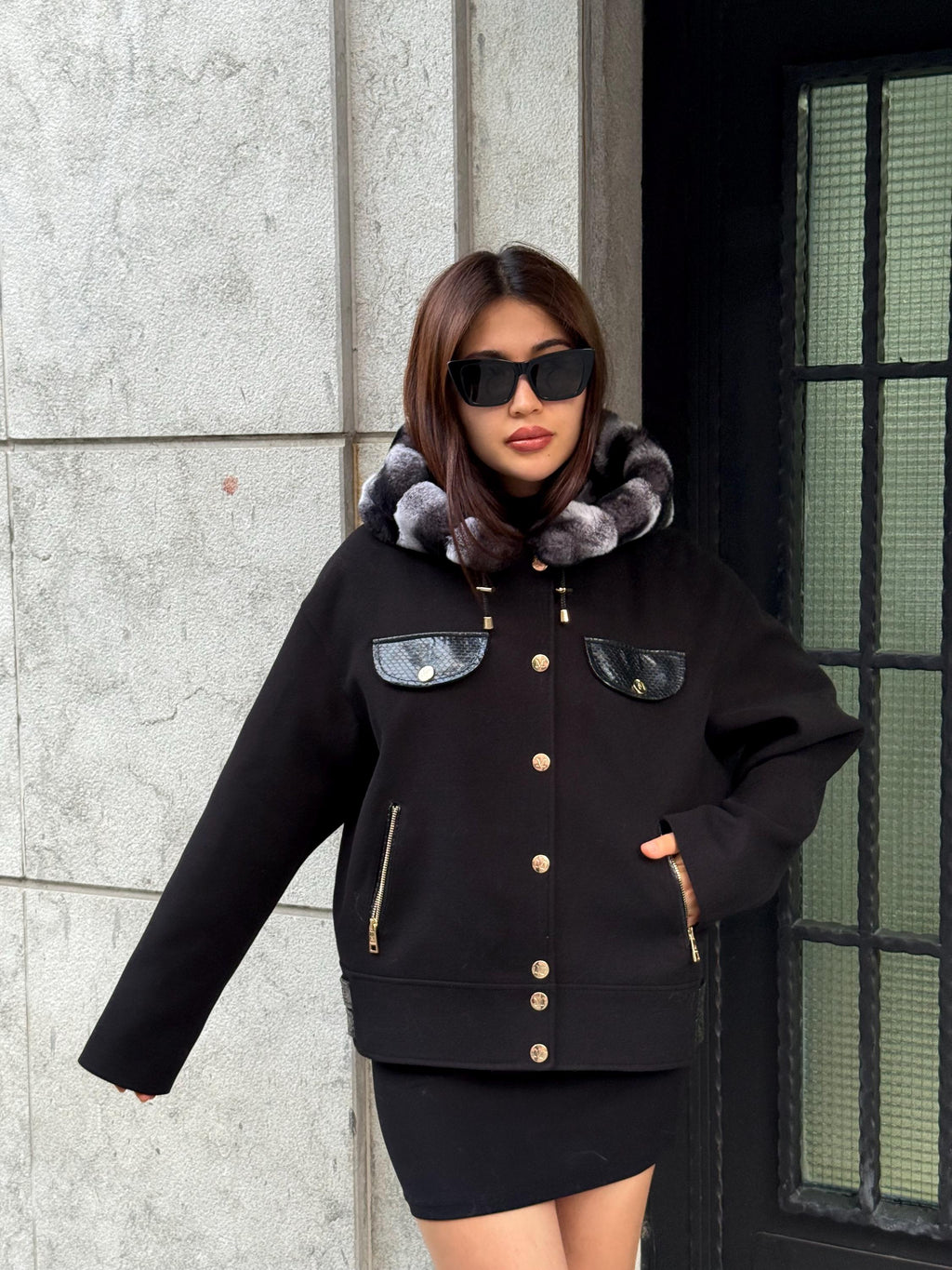 Black Short Cashmere Coat With Rex Fur Trim Hood, Casual Jacket With Python Accents