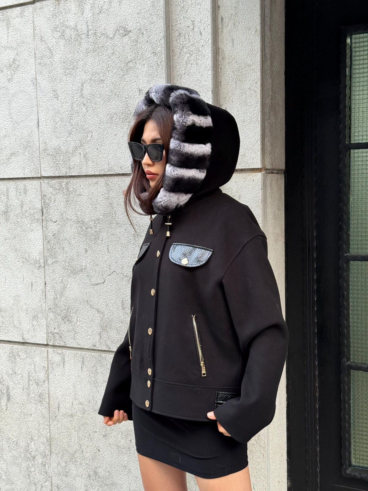 Black Short Cashmere Coat With Rex Fur Trim Hood, Casual Jacket With Python Accents