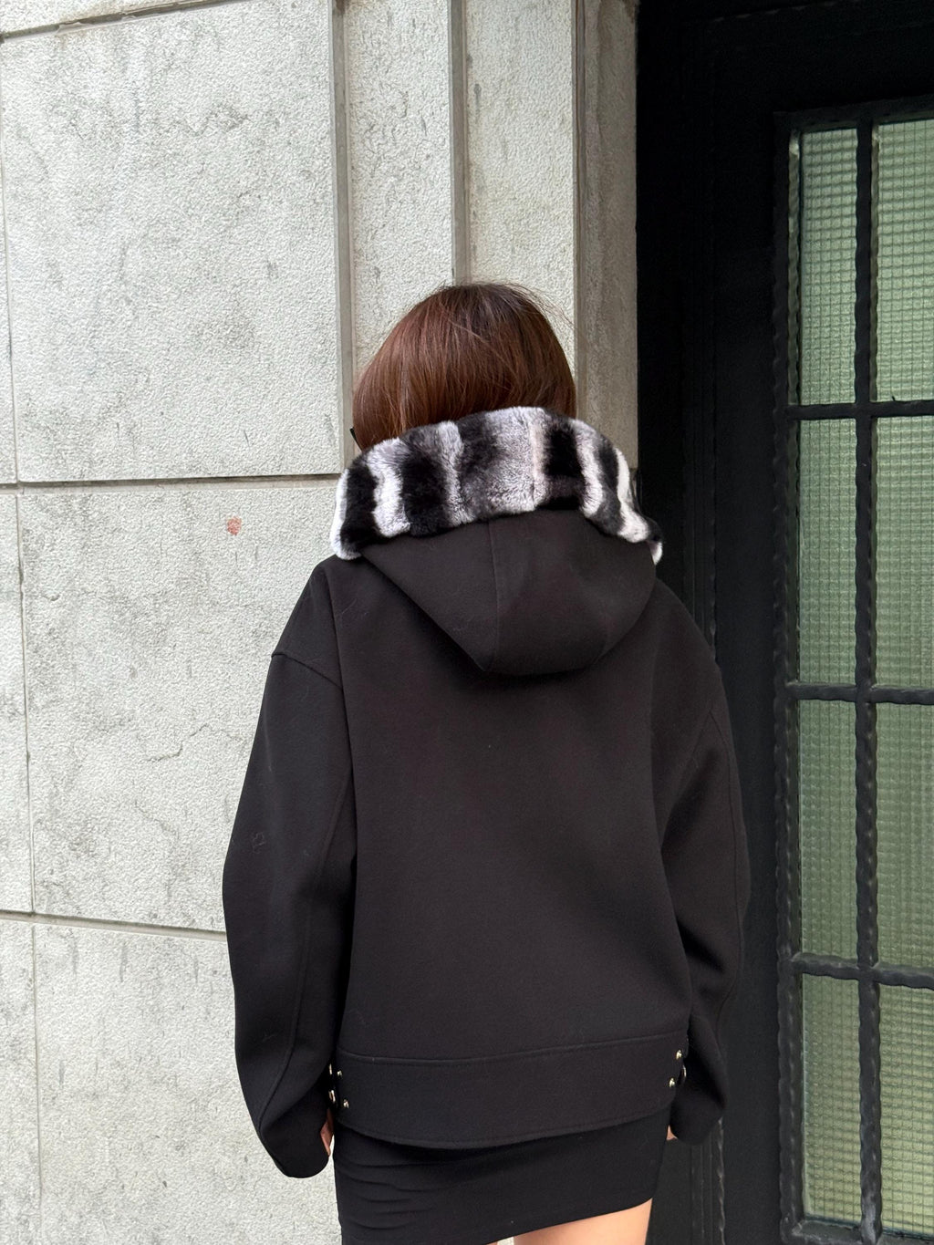 Black Short Cashmere Coat With Rex Fur Trim Hood, Casual Jacket With Python Accents