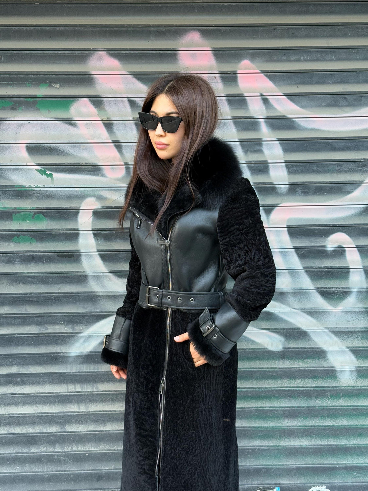 Black Shearling Astrakhan Coat with Fox Fur Trim, Handmade Winter Sheepskin Long Coat