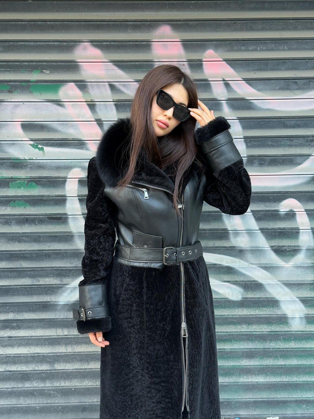 Black Shearling Astrakhan Coat with Fox Fur Trim, Handmade Winter Sheepskin Long Coat