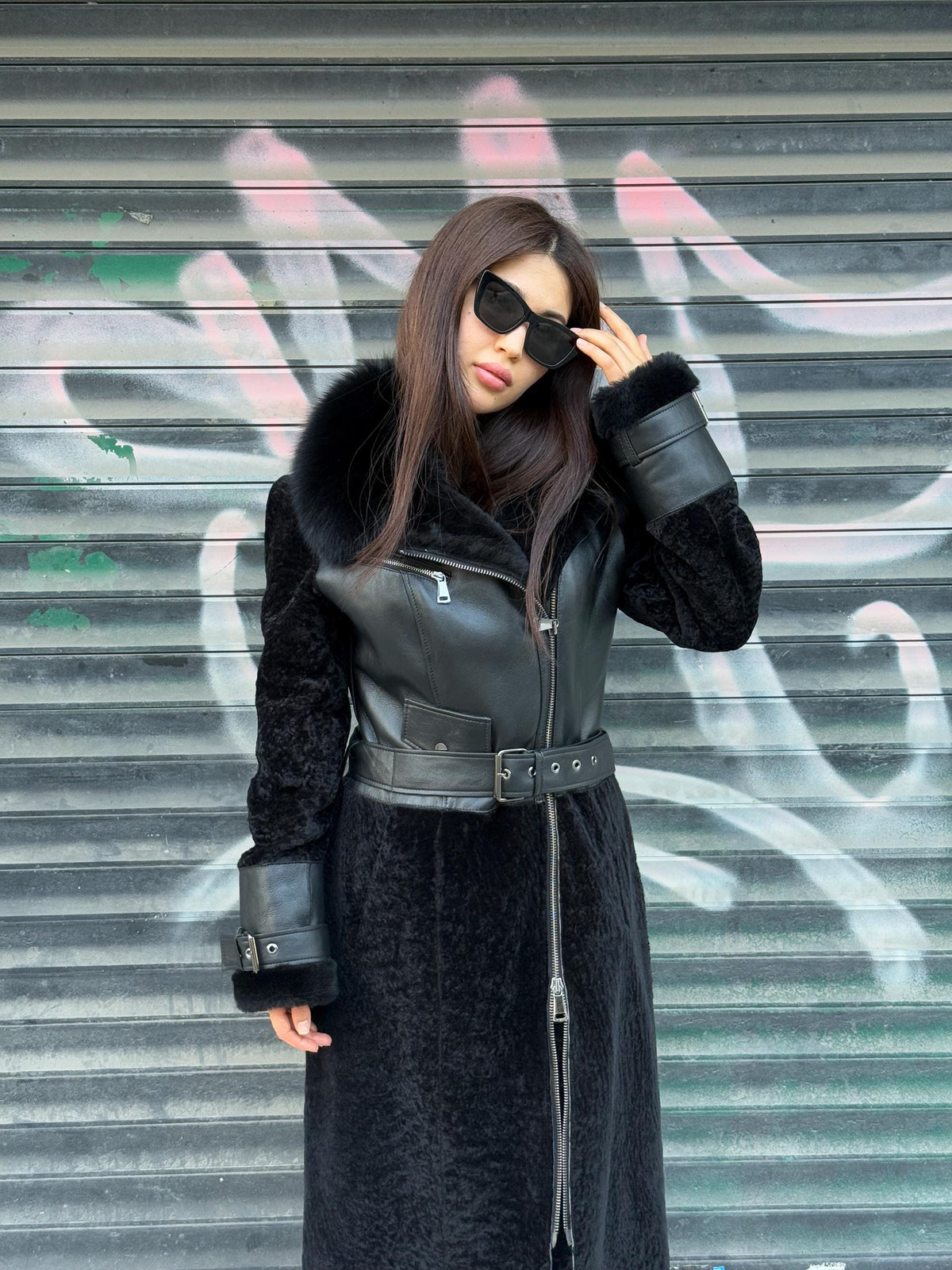 Black Shearling Astrakhan Coat with Fox Fur Trim, Handmade Winter Sheepskin Long Coat