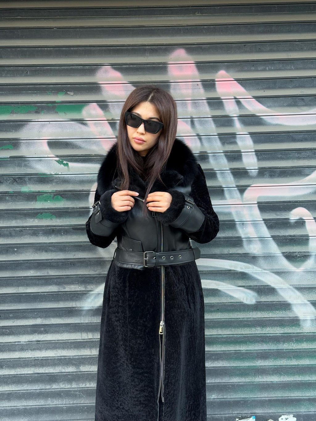Black Shearling Astrakhan Coat with Fox Fur Trim, Handmade Winter Sheepskin Long Coat