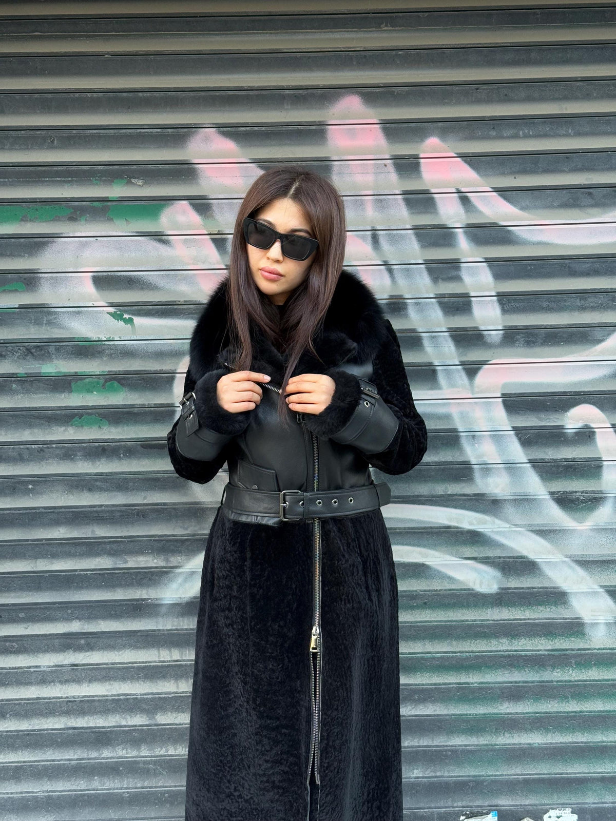 Black Shearling Astrakhan Coat with Fox Fur Trim, Handmade Winter Sheepskin Long Coat