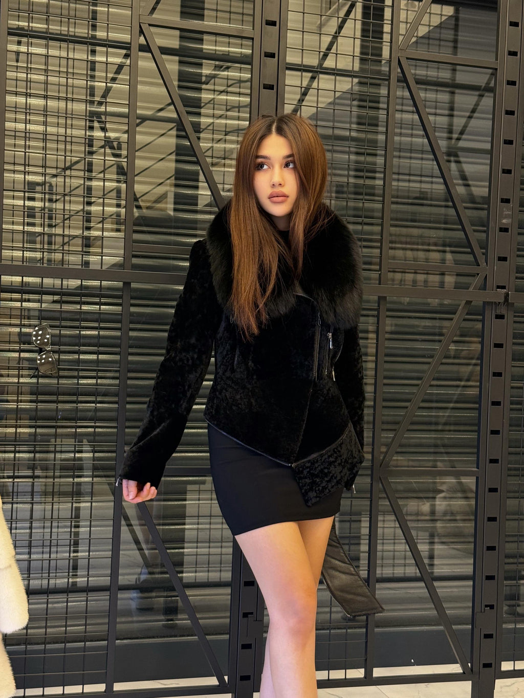 Black Astrakhan Shearling Jacket: Fox Fur Collar, Luxury Lamb Fur Coat