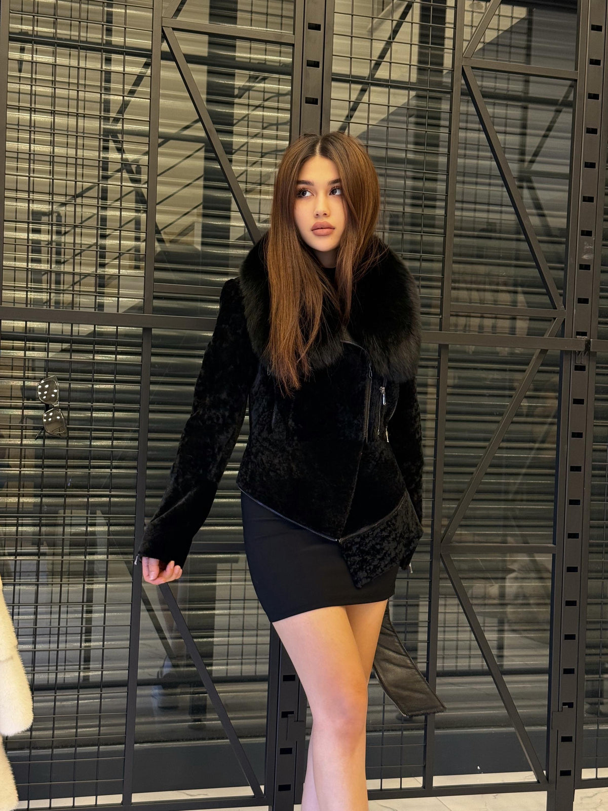 Black Astrakhan Shearling Jacket: Fox Fur Collar, Luxury Lamb Fur Coat