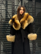 Black Cashmere Coat & Hood Cuffs Fox Fur Jacket, Women Fox Fur Jacket, Gold Raccoon Fox Fur Jacket.. Premium Fox Fur Coat