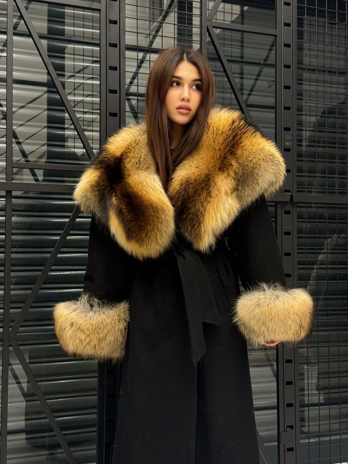 Black Cashmere Coat & Hood Cuffs Fox Fur Jacket, Women Fox Fur Jacket, Gold Raccoon Fox Fur Jacket.. Premium Fox Fur Coat