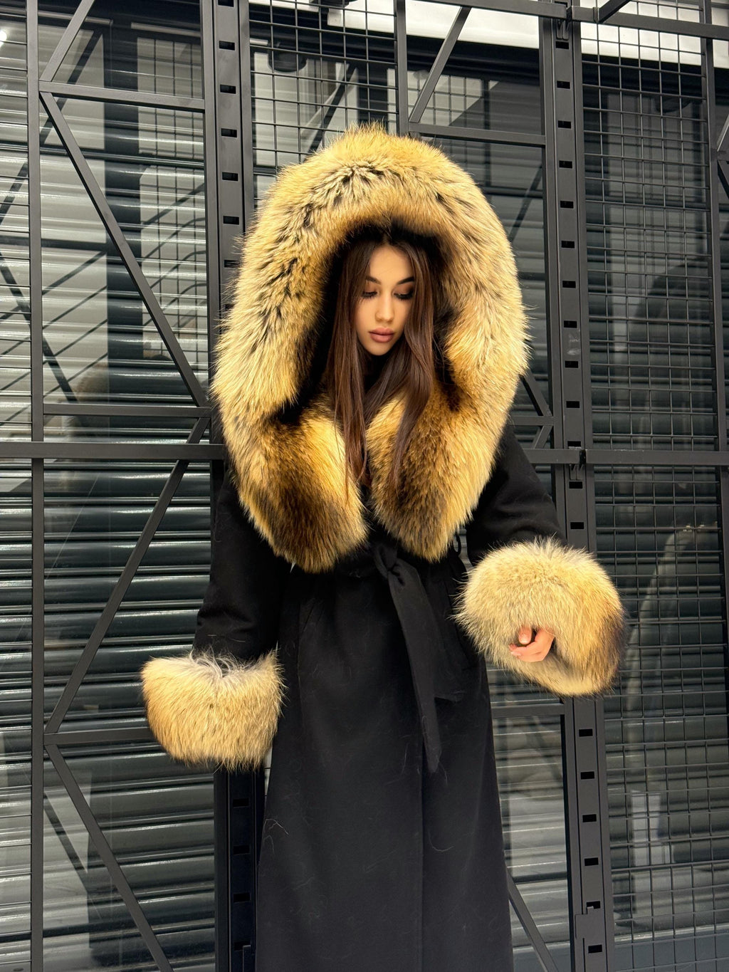 Black Cashmere Coat & Hood Cuffs Fox Fur Jacket, Women Fox Fur Jacket, Gold Raccoon Fox Fur Jacket.. Premium Fox Fur Coat