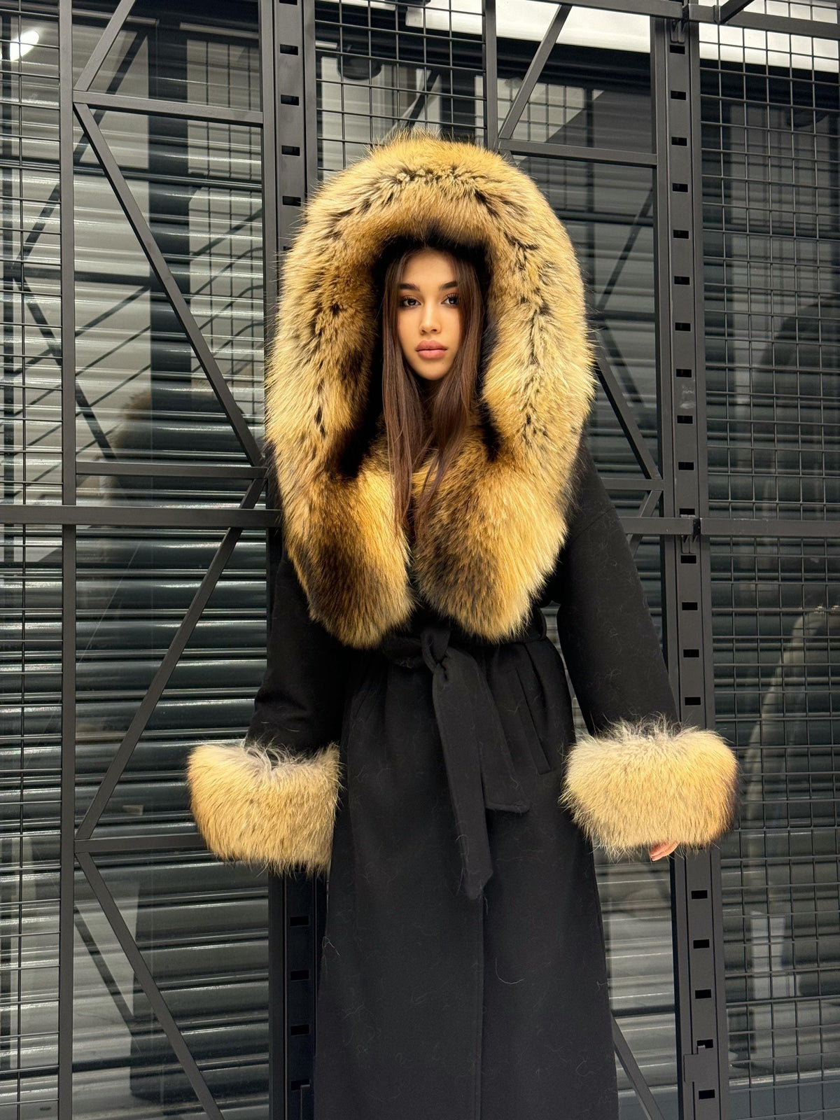 Black Cashmere Coat & Hood Cuffs Fox Fur Jacket, Women Fox Fur Jacket, Gold Raccoon Fox Fur Jacket.. Premium Fox Fur Coat