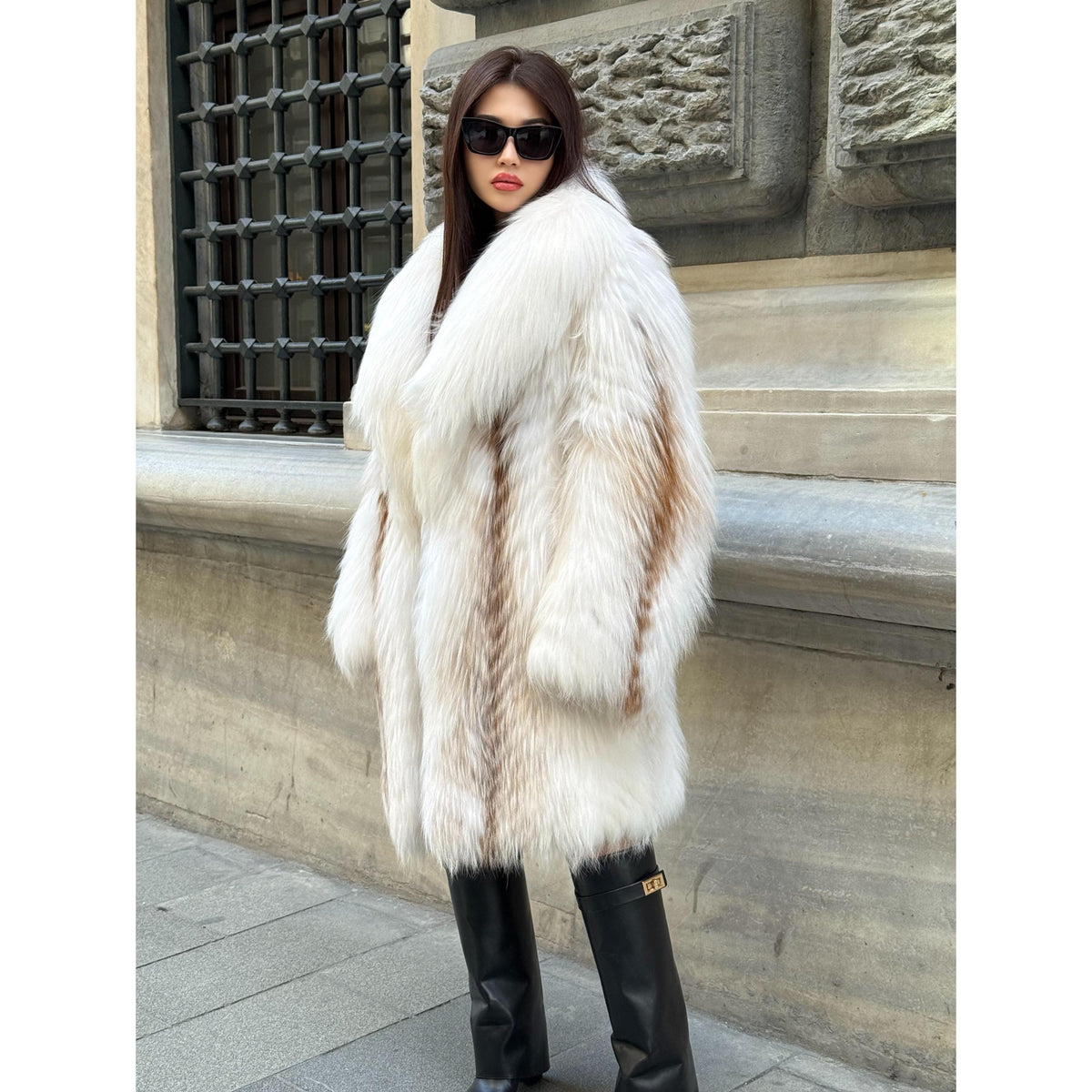 Women’s Ivory Fox Fur Coat: Handmade Long Luxury Argentina Fox Fur Jacket