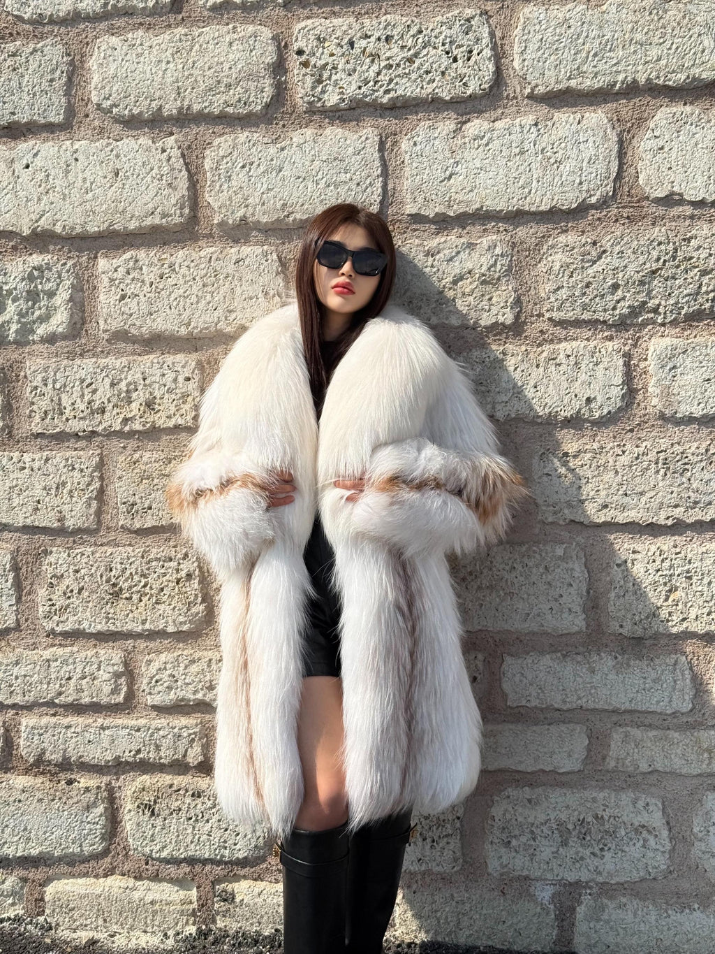 Women’s Ivory Fox Fur Coat: Handmade Long Luxury Argentina Fox Fur Jacket