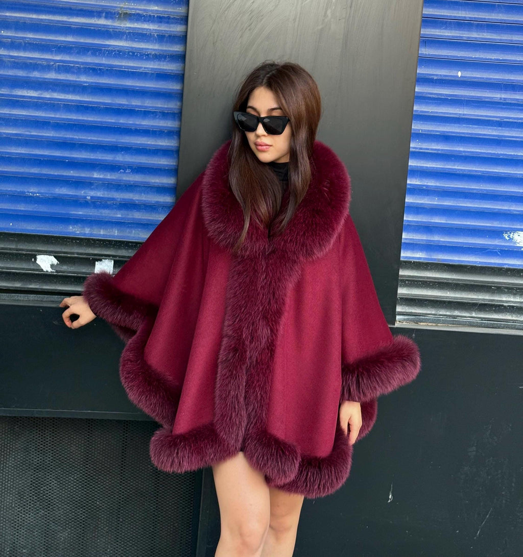 Red Cashmere Shawl With Fur Trim, Handmade Luxury Plus Size Fox Fur Jacket Cape