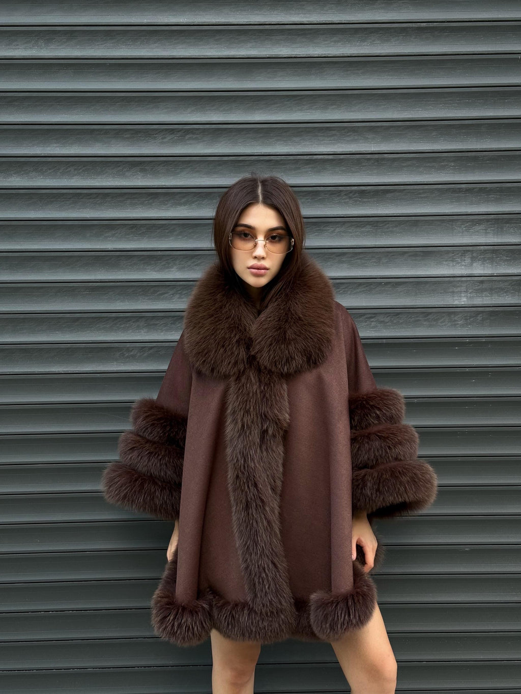 Brown Cashmere Cape with Fur Trim, Handmade Wool & Fox Fur Coat