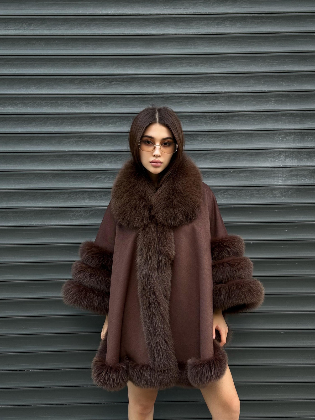 Brown Cashmere Cape with Fur Trim, Handmade Wool & Fox Fur Coat