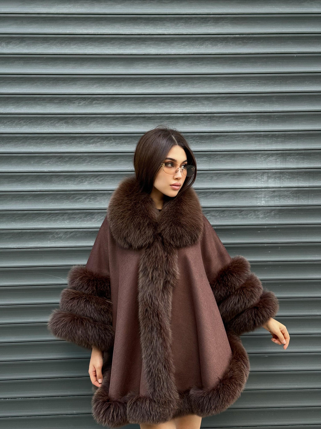 Brown Cashmere Cape with Fur Trim, Handmade Wool & Fox Fur Coat