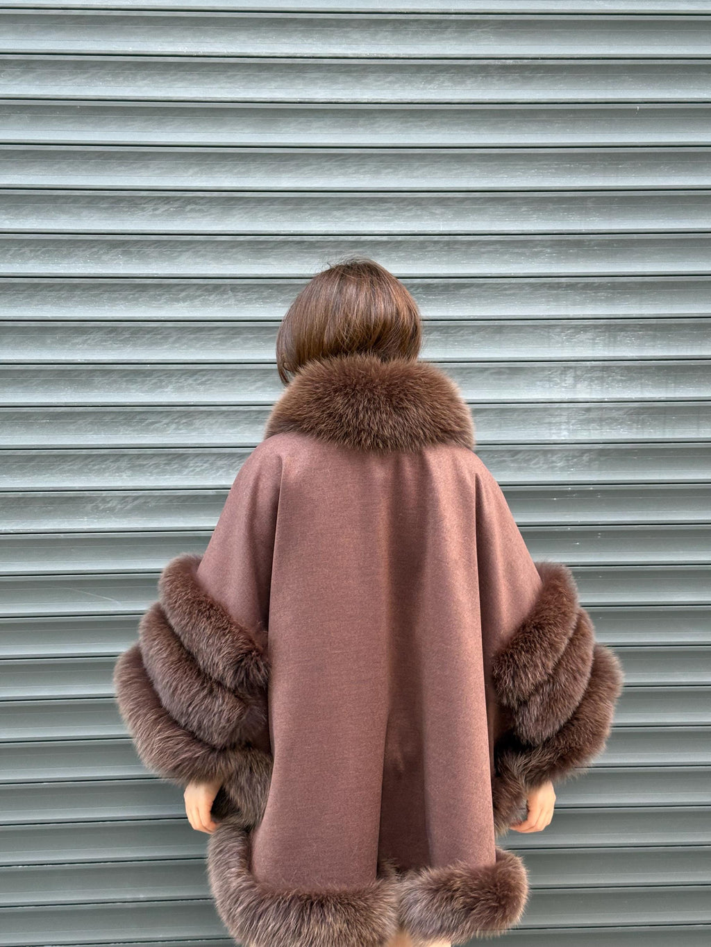Brown Cashmere Cape with Fur Trim, Handmade Wool & Fox Fur Coat
