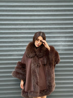 Brown Cashmere Cape with Fur Trim, Handmade Wool & Fox Fur Coat