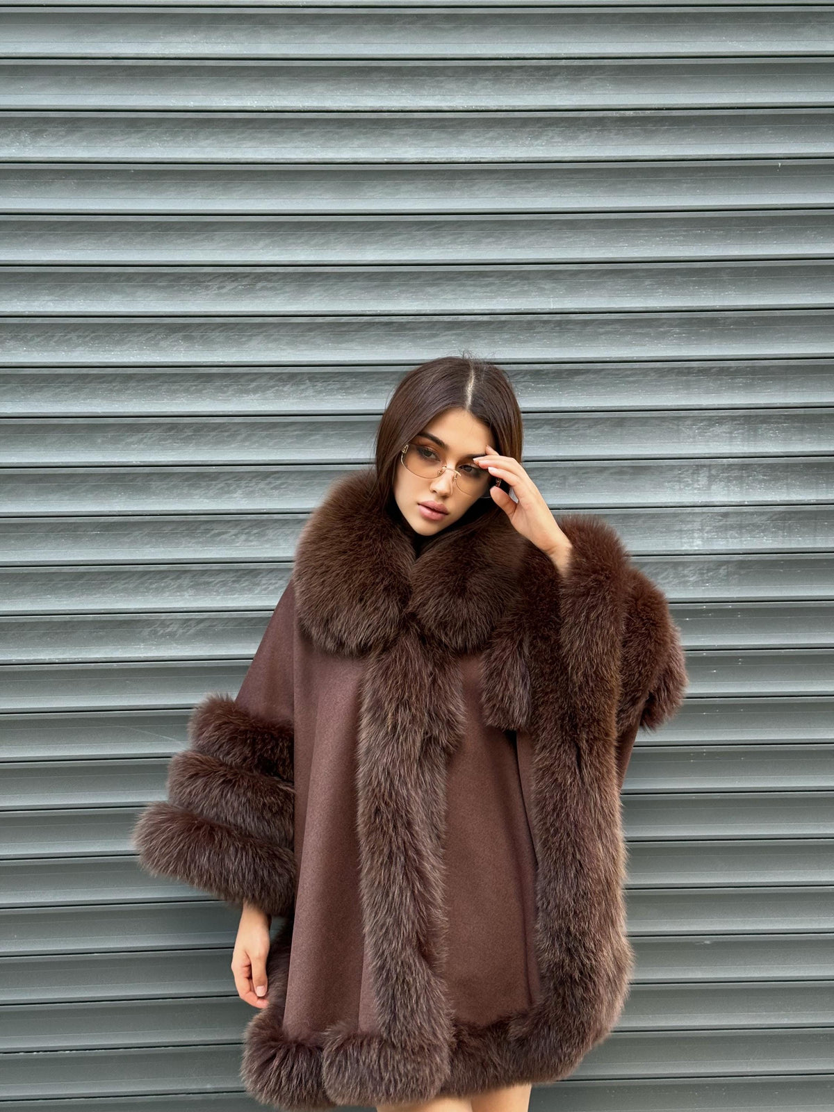 Brown Cashmere Cape with Fur Trim, Handmade Wool & Fox Fur Coat