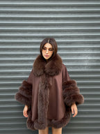 Brown Cashmere Cape with Fur Trim, Handmade Wool & Fox Fur Coat