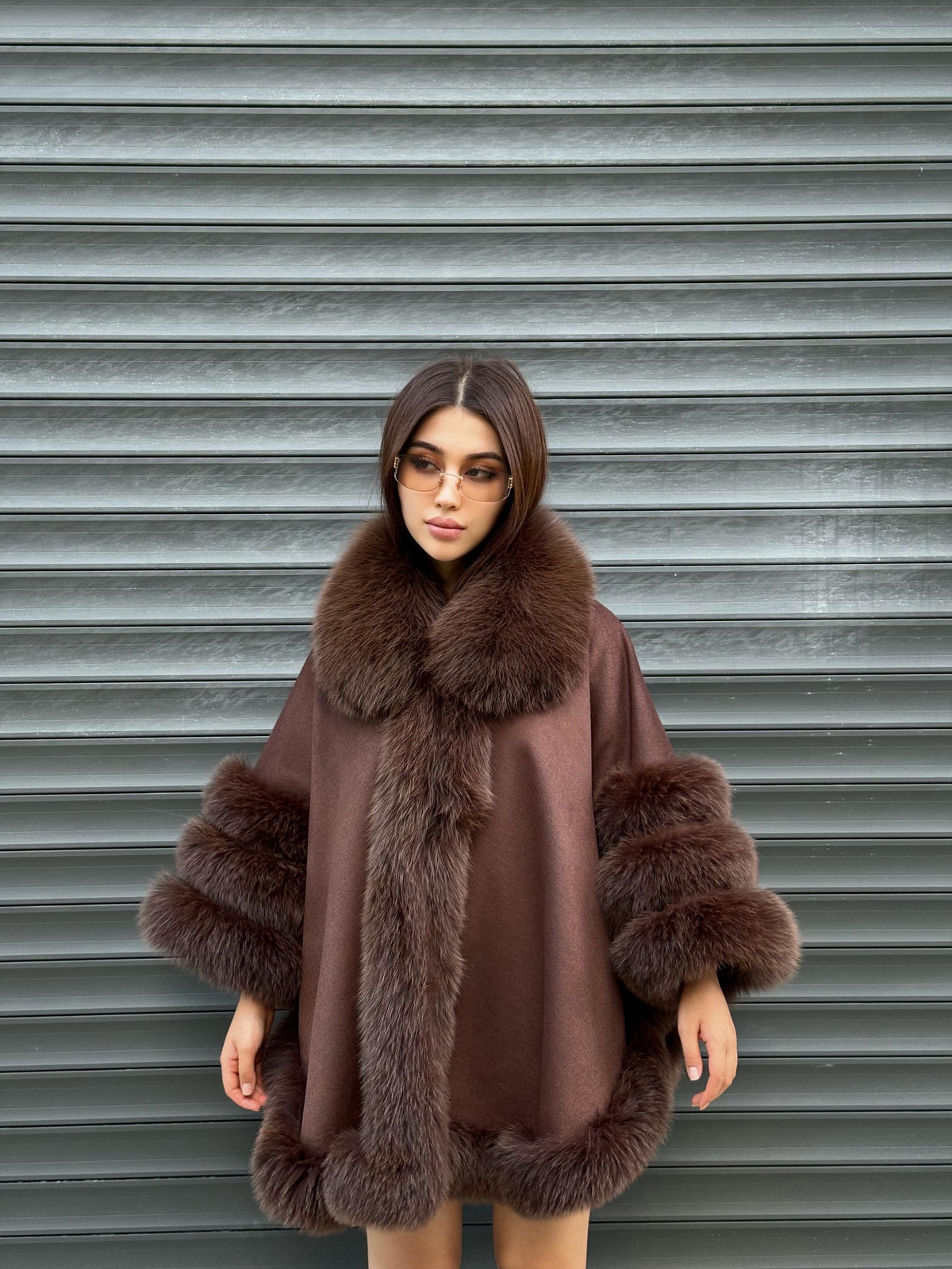 Brown Cashmere Cape with Fur Trim, Handmade Wool & Fox Fur Coat