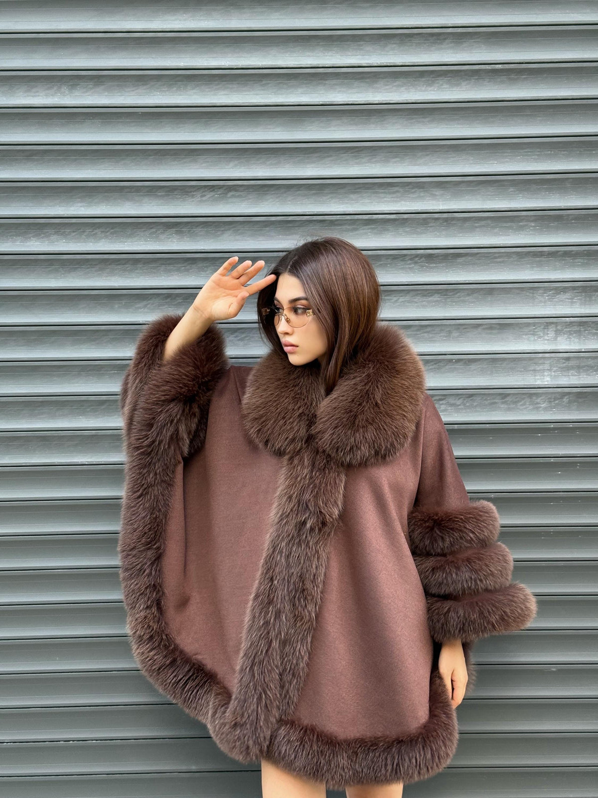 Brown Cashmere Cape with Fur Trim, Handmade Wool & Fox Fur Coat