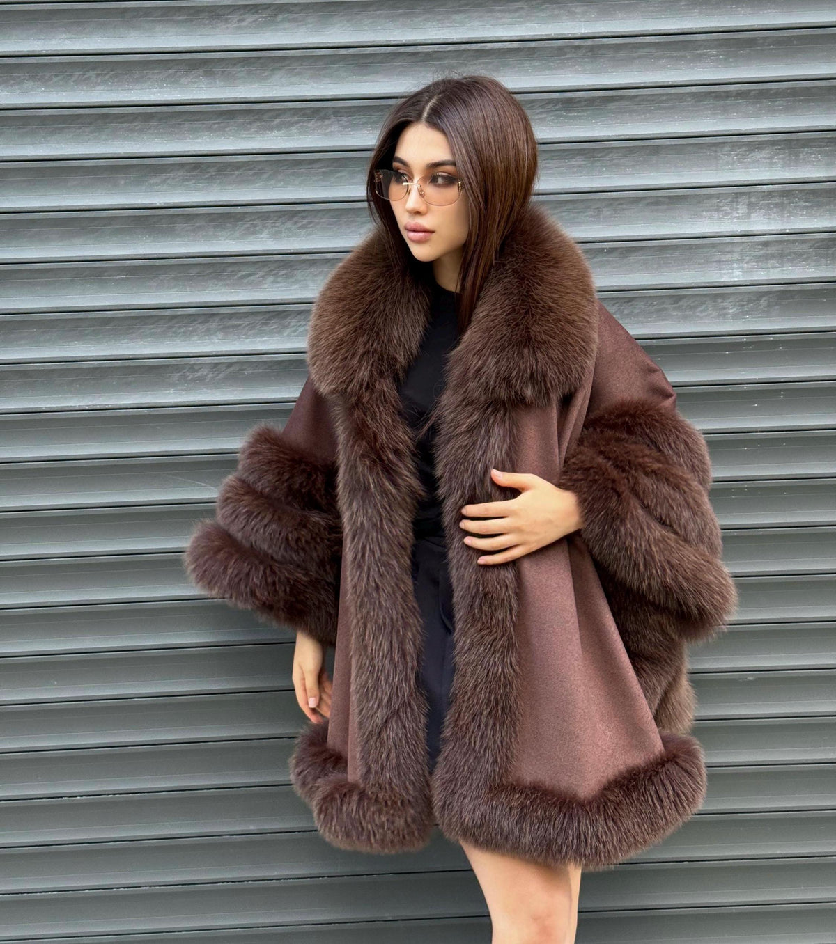 Brown Cashmere Cape with Fur Trim, Handmade Wool & Fox Fur Coat