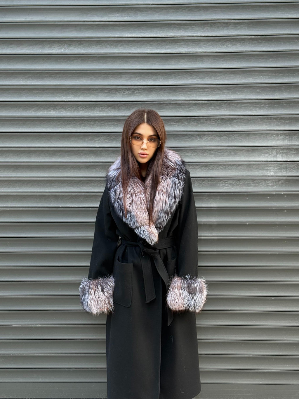 Women’s Long Black Cashmere Coat, Handmade Collar Cuffs Fox Fur Jacket