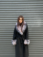 Women’s Long Black Cashmere Coat, Handmade Collar Cuffs Fox Fur Jacket
